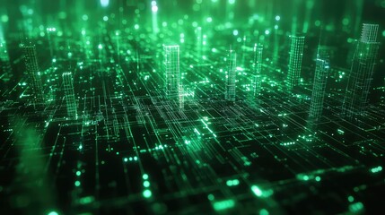 Digital cityscape representing future data network and technology