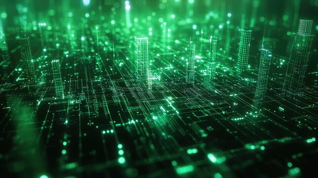 Digital cityscape representing future data network and technology