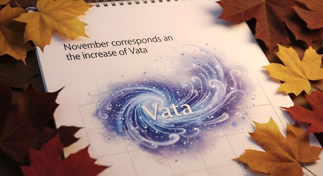 November Vata Dosha Increase Ayurvedic Calendar Illustration with Swirling Wind Energy and Autumn Leaves Seasonal Wellness Concept