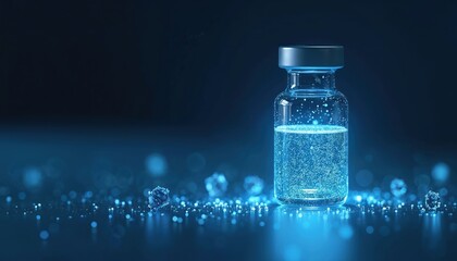 Vaccine vial contains glowing blue liquid with particles. Microscopic virus shapes float in digital blue light on dark background. Medical research and science.
