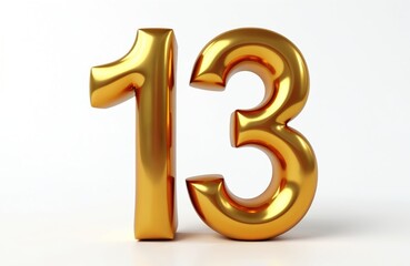 Shiny gold number 13 floats against a clean white backdrop. This numeral conveys wealth luxury and achievement. Perfect for promotions birthdays anniversaries or celebrating milestones.