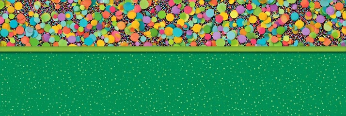 A vibrant colorful confetti border on a bright green background, perfect for party invitations, birthday banners, holiday celebrations, festive events, website headers, and promotional designs.