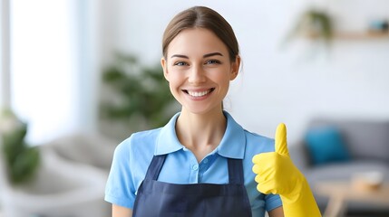 A cheerful female professional cleaner dressed in a blue uniform and dark apron with yellow gloves smiles confidently and gives a thumbs up in a bright clean domestic setting