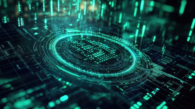 Bitcoin symbol on digital circuit board with data flowing