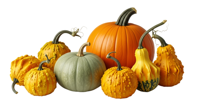 Assorted Decorative Pumpkins and Gourds Collection on Transparent Background with Orange Yellow and Green Autumn Harvest Varieties