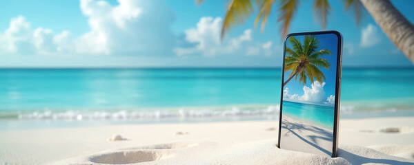 Smartphone rests on white beach sand. Palm tree reflected on phone screen shows blue ocean and sky. Tropical island offers serene vacation spot. Peaceful coastal scene.