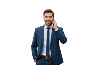 Smiling businessman in blue suit talking on phone stock photo, happy executive calling, isolated on transparent background