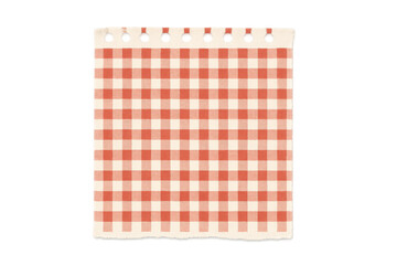 Obraz premium Paper sheet featuring a classic red and cream gingham pattern, torn edges, and holes at the top for binding, on transparent background