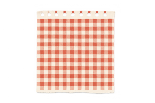 Paper sheet featuring a classic red and cream gingham pattern, torn edges, and holes at the top for binding, on transparent background