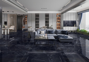 Neutral-toned living space featuring tiled background and soft lighting. 3D Rendering