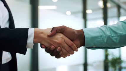 Close-up of diverse business professionals shaking hands, symbolizing successful partnership, agreement, and mutual respect in a corporate environment - Powered by Adobe