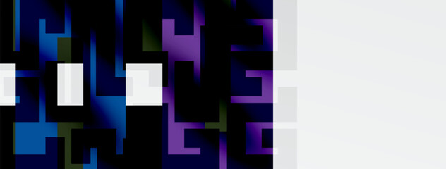 Fototapeta premium Abstract geometric shapes, vibrant blues, purples dominate composition. White rectangles provide contrast, minimal design aesthetic.