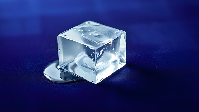 파란 배경 가운데 투명 네모얼음조각이 살짝 녹아잇다 A piece of transparent square ice melts slightly in the blue background