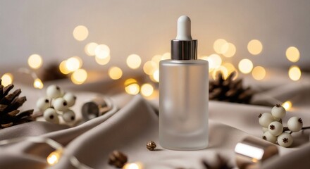 Elegant Frosted Glass Bottle with Dropper on Silk Fabric with Warm Bokeh Lights