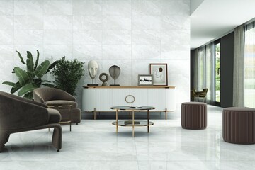 Luxury family room interior featuring quartz highlights and warm golden lighting, white glossy marble on wall and floor, brown sofa set. Mockup. 3D Rendering