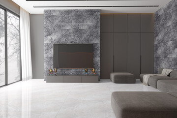 Contemporary living room interior with marble flooring, gray velvet sofa, and artistic decor. 3D Rendering