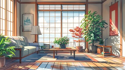 Comfortable home scenery illustration featuring warm tones and inviting ambience