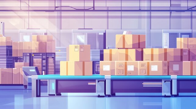 Warehouse automated conveyor belt moving cardboard boxes for logistics