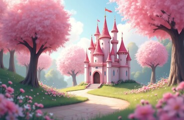 Naklejka premium Fairytale castle with pink towers set in lush green park blooming with pink cherry blossoms. Winding path leads to grand entrance. Blue sky with fluffy clouds above.