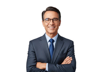Professional businessman portrait smiling wearing glasses and suit with arms crossed headshot isolated on transparent background