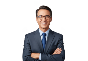 Professional businessman portrait smiling wearing glasses and suit with arms crossed headshot isolated on transparent background