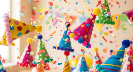 Colorful party hats and confetti celebrating festivities and joyous moments