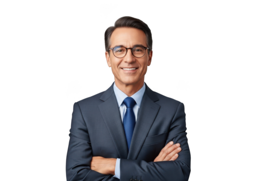 Professional businessman portrait smiling wearing glasses and suit with arms crossed headshot isolated on transparent background