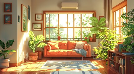 Charming artistic depiction of a bright Asian home interior with relaxing mood