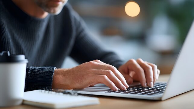 Close up of a person s hands actively typing on a laptop keyboard  A coffee cup and notebook are placed on the desk