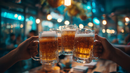 四人の学生がビールジョッキで乾杯する、都会的で賑やかな夜