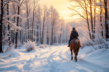 A tranquil winter tableau where a solitary rider on horseback ventures along a winding forest path blanketed in pristine snow, The scene is bathed in soft