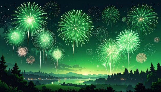 A vibrant nighttime scene of a fireworks display over a tranquil lake, with silhouetted trees and hills in the background