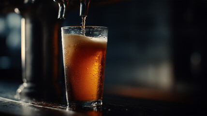 夜の酒場でドラフトビールがグラスに注がれる刹那のシーン
