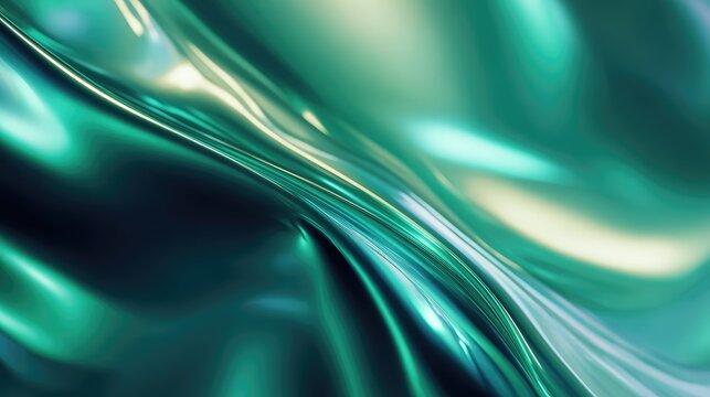 Green flowing chrome liquid waves abstract background