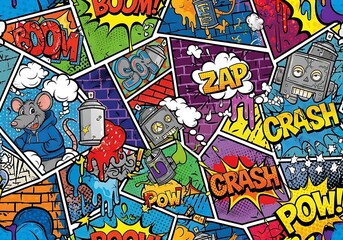 Colorful pop art comic strip composition with graffiti elements and characters