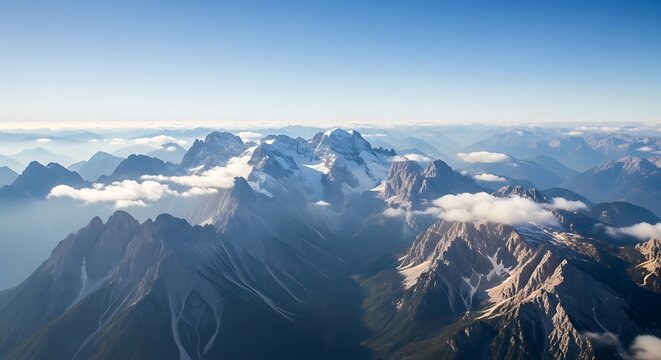Majestic mountain range under a clear blue sky with clouds.