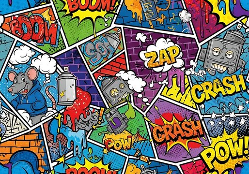Colorful pop art comic strip composition with graffiti elements and characters - Powered by Adobe