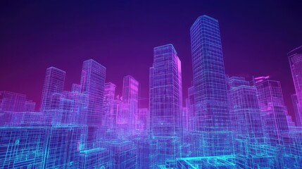 Abstract wireframe modern city against vivid gradient sky