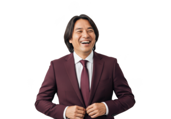 Smiling asian businessman in burgundy suit png, portrait of happy man isolated on transparent background, professional image for design and marketing isolated on transparent background