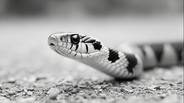 Monochrome ro shot of a patterned reptile s head highlighting textured scales and an alert eye against a natural granular ground