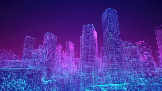 Abstract wireframe modern city against vivid gradient sky
