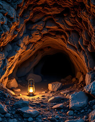 Remote cave illuminated by lantern, wilderness travel adventure, hidden exploration site