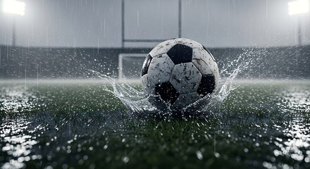 Soccer ball splashing water as it rolls on a rainy field