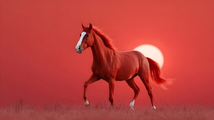 Powerful and spirited a magnificent reddish brown horse gallops across a grassy field during a dramatic sunset its white blaze a striking contrast against the bold fiery sky