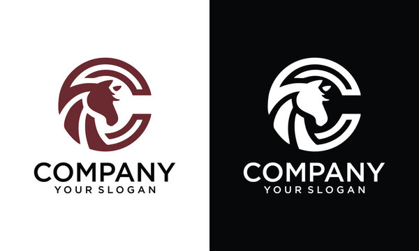 Creative Letter C head horse logo design. Vector combination of animals and letter