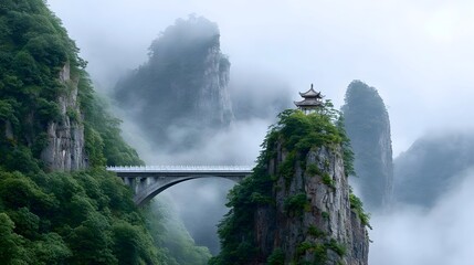Misty mountain landscape featuring a stone arch bridge crossing a deep gorge with a picturesque traditional oriental pavilion situated on a lush verdant peak