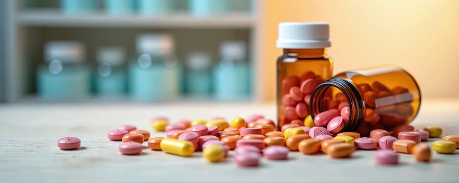 Multiple colorful pharmaceutical pills, capsules scattered on light wooden surface. Two amber colored medicine bottles, one upright, one tipped over spill contents. Shelving with bottles blurred in