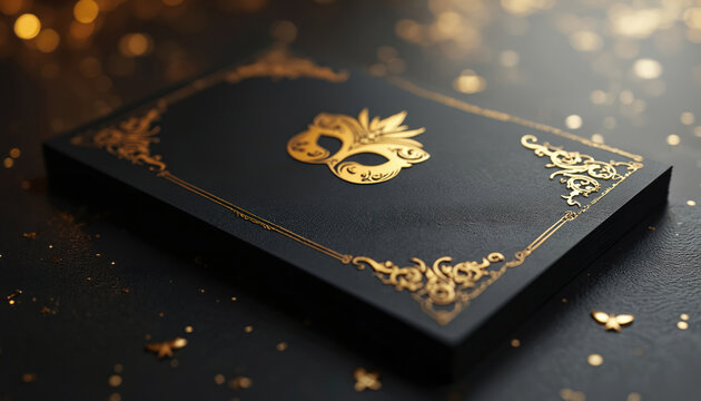 Elegant black card with gold carnival mask adorns. Ornate gold scrollwork decorates edges. Festive, mysterious, luxurious design for events.