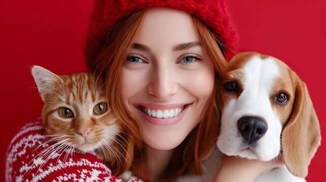 Close up portrait of a joyful woman wearing a red knitted hat sharing a happy moment with her beloved ginger cat in a festive sweater and a friendly beagle dog