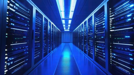 Data center server racks storing big data and cloud information
